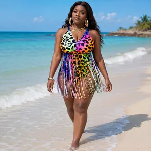 Bathing suits 2026 New Plus Size Tankini Swimsuits for Women Rainbow Leopard Print V Neck Fringe Swimdress Soft Stretch Beach Vacation Swimwear bikinis
