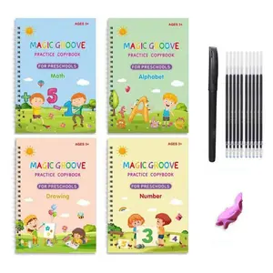 Groove Calligraphy Practice Workbook Refill Pack, Reusable Preschool Writing Book for Letters Numbers Coloring Math Skills, Ergonomic Pen Included