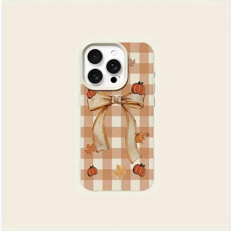 Pumpkin Gingham Bow Phone Case, Fall Harvest Coquette Cream Cover for iPhone 17 16 15 14 13 12 11 X Plus Pro Max, Autumn Lover Gift