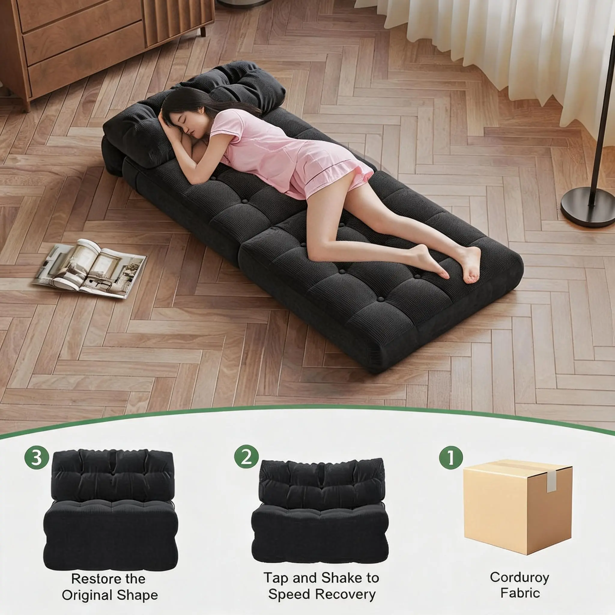 Convertible Corduroy Folding Sofa Bed with Pillow – Portable Floor Couch, Single Futon, Collapsible Sleeper Chair, Back Support, Space-Saving, for Living Room or Guest Room