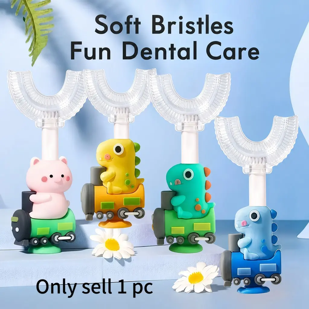 Train Dinosaur Manual U Shaped Toothbrush for Kids Ages 2 7， Soft Food Grade Silicone for Sensitive Gums， 360° Teeth Cleaning Design，Training & Travel Friendly Toddlers' Toothbrush