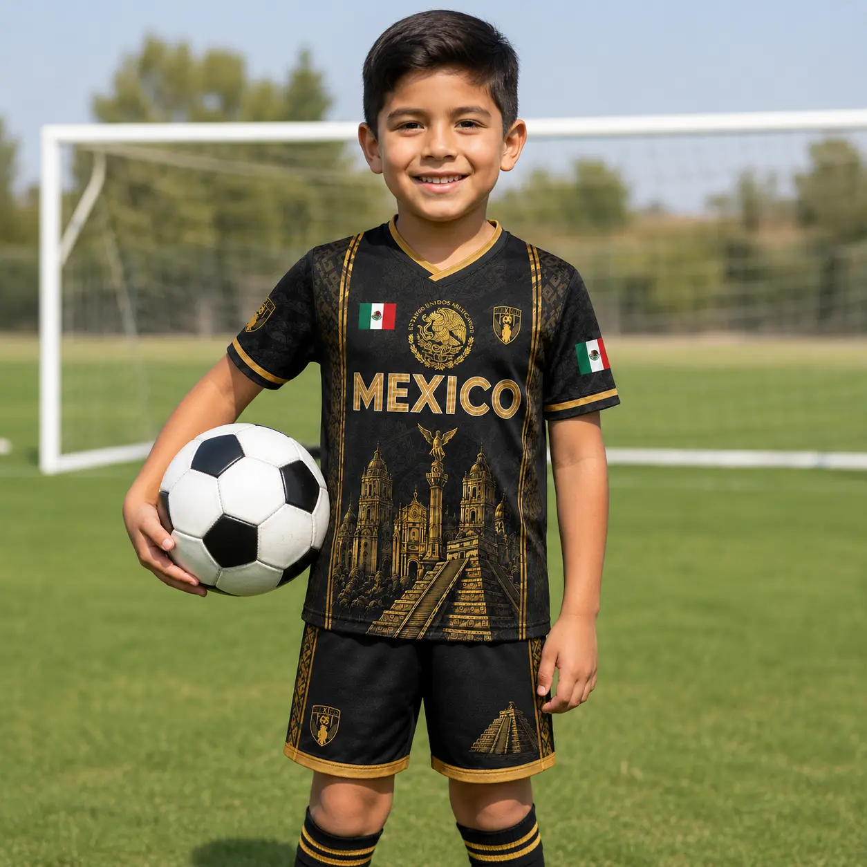 2026 Mexico Boys' Soccer Jersey Set-featuring a black and gold color scheme, patterns inspired by the Aztec Eagle and the Pyramid of Chichén Itzá, and a retro V-neck jersey with an all-over print; suitable for various sports and outdoor activities.
