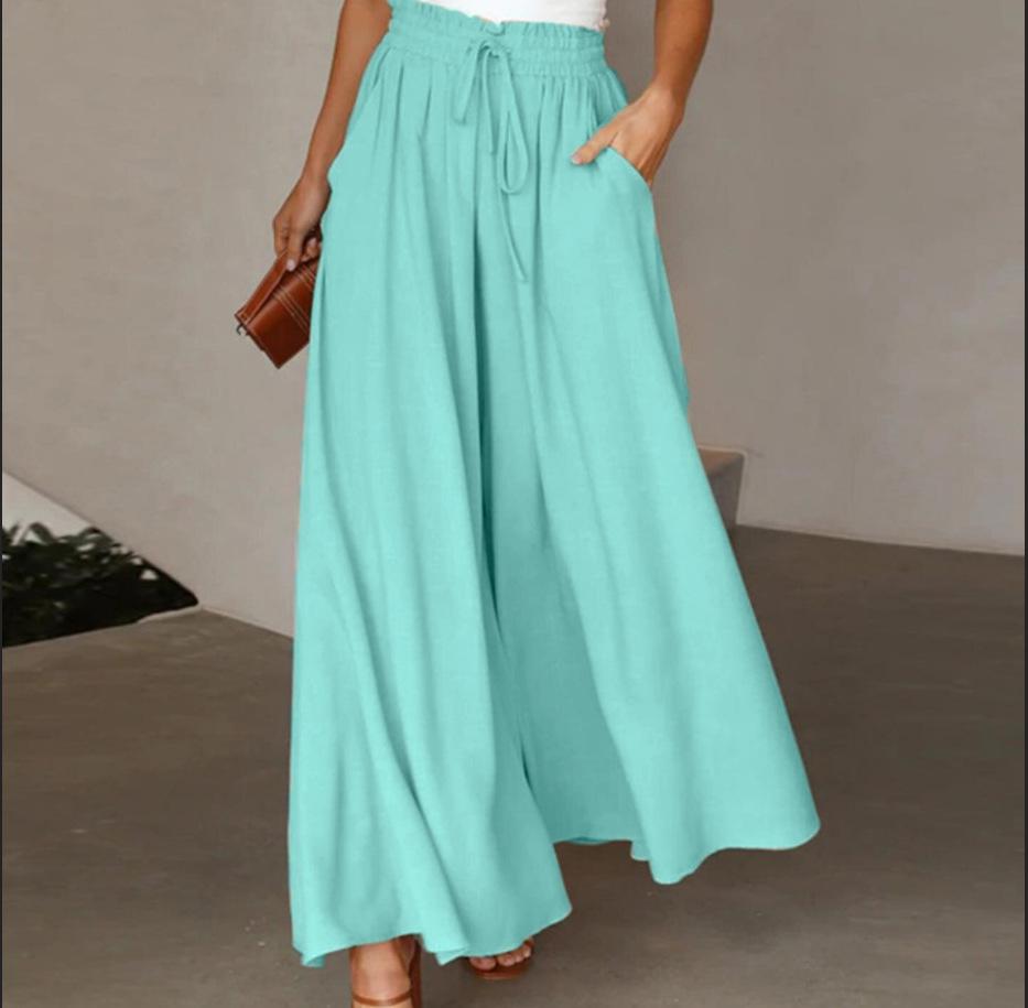 Women's new summer wide-leg long pants with elastic waistband, high-waisted long skirt-pants for women, suitable for beach vacations and commuting