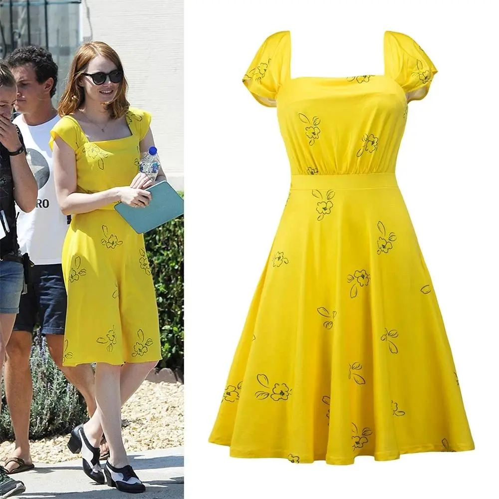 New La La Land Dress Mia Emma Cosplay Costume Stone Summer Yellow Floral Skater Dress Vestidos for Adults Free Delivery