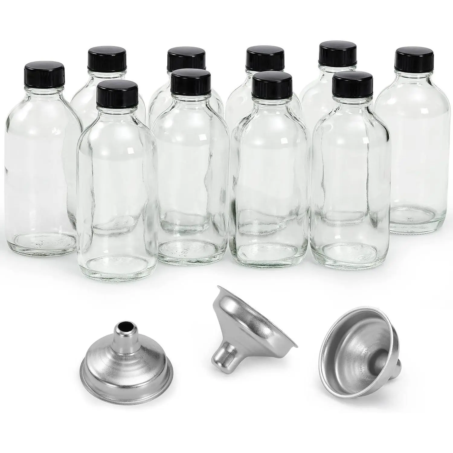 4 oz Small Clear Glass Bottles with Lids & 3 Stainless Steel Funnels - 120ml Boston Round Sample Bottles for Potion, Juice, Ginger Shots, Oils, Whiskey, Liquids - NO Leakage