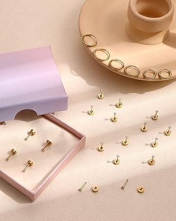 Tiny Hypoallergenic Flat Back Earrings - Surgical Steel Earrings For Women Men 14K Gold Plated Flatback Stud Earrings 20G Small Cartilage Earring Hoop 12 Pairs 2/3/4mm Screw Back Earrings