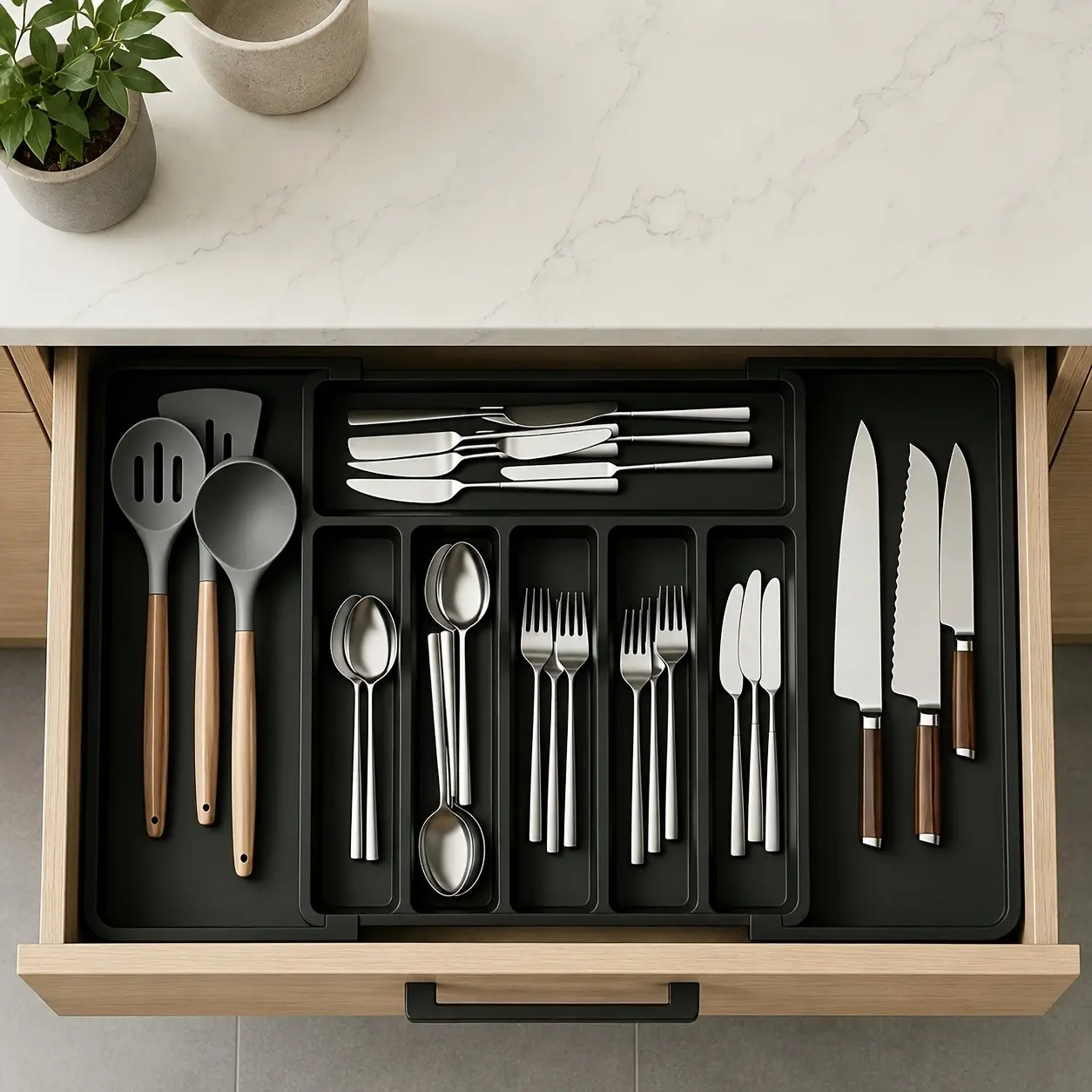 Adjustable Cutlery Drawer Organizer, Multifunctional Plastic Storage Box, Kitchen And Dining Drawer Organizer - Space-Saving, Kitchen Utensils And Cutlery Divider, Expandable Cutlery Tray, Suitable for Spoons, Forks, And Large Utensils