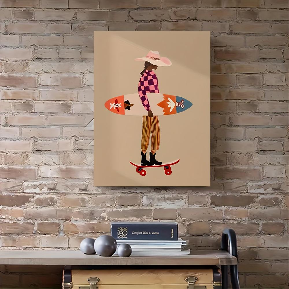 [1pcs] Framed Canvas Painting, Pink Surfer Print Skateboard Beach Art Checkered Pattern Modern Coastal Decor Folk Art Wall Art , 2D Flat, Perfect for Room Decor