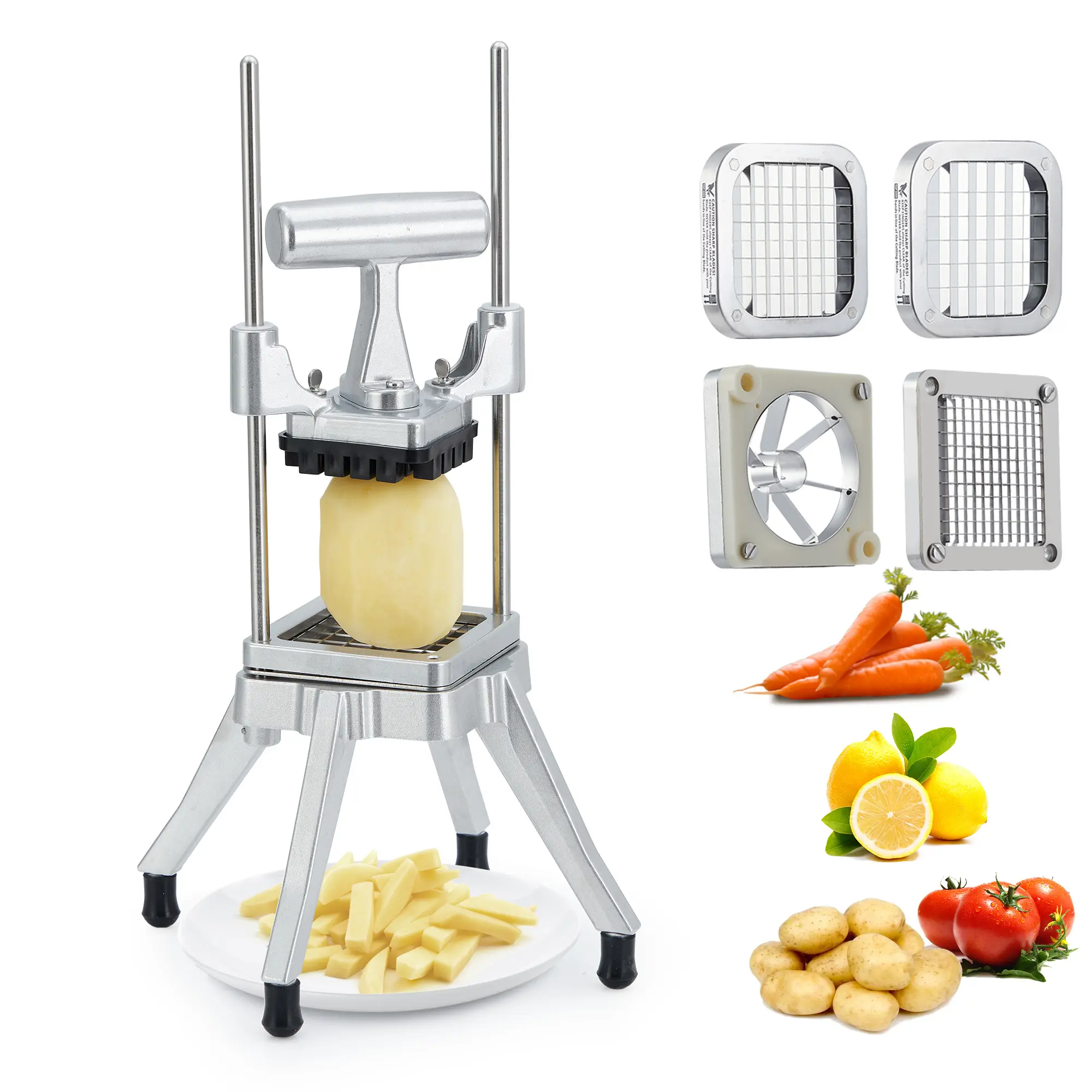 Heavy Duty Aluminium Vegetable & Fruit Chopper - Commercial Stainless Steel Dicer, French Fry Cutter & Corer - 4 Replaceable Blades (1/4", 3/8", 1/2") - Ergonomic Handle, Non-Slip Ft, Easy Clean Lightweight Kitchen Utensil for Potato Chopping, Slicer
