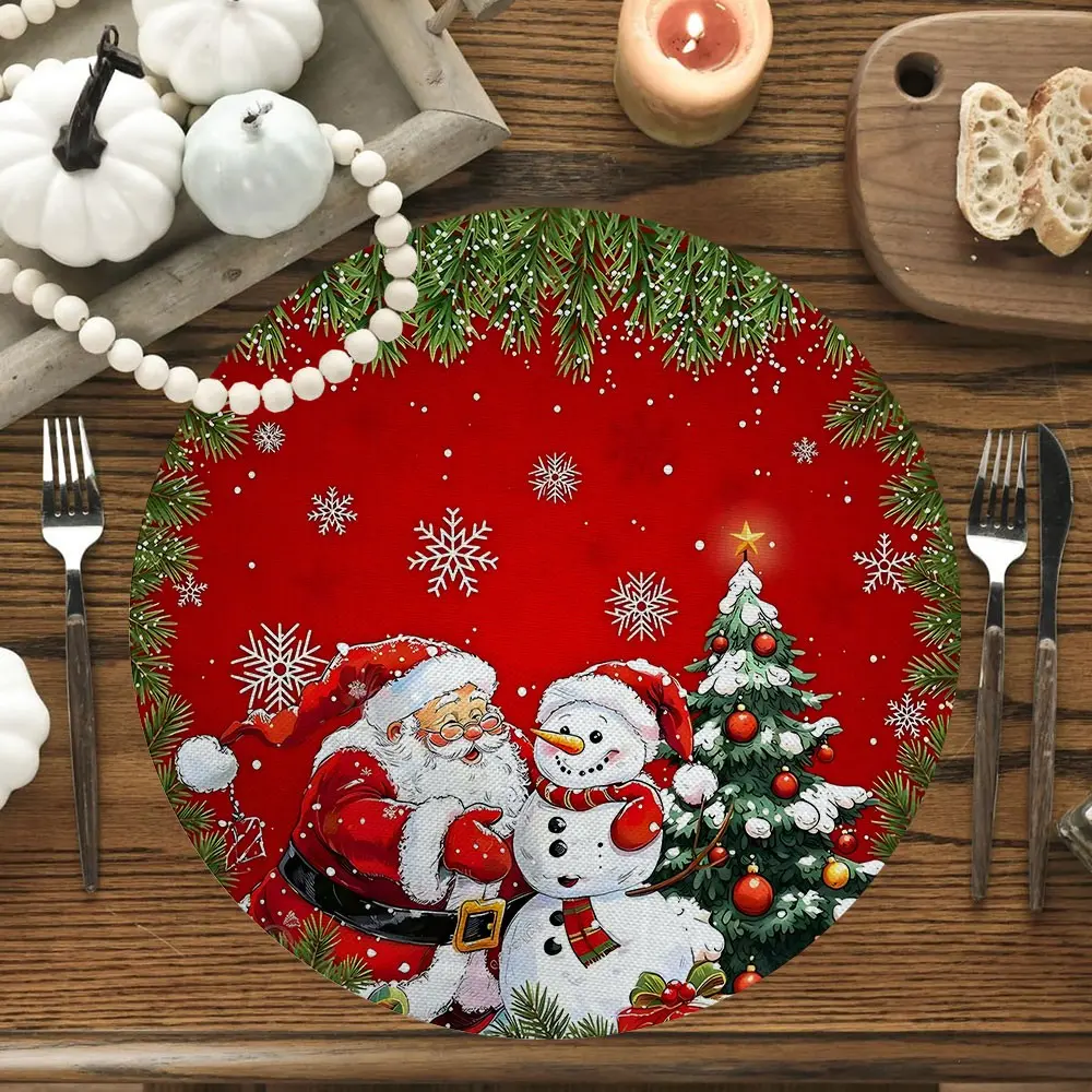 4/6 PCS Xmas Tree Santa Claus Snowman Snowflake Red Round Christmas Dining Placemats, Winter Christmas Holiday Dining Decorations