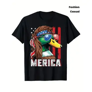 Localu Men's Fun Patriotic Duck Hunting T-Shirt - American flag and "MERICA" print, featuring a duck wearing stylish glasses and a camouflage design, vintage style casual short-sleeve shirt, suitable for outdoor hunting, fishing, and Independence Day even