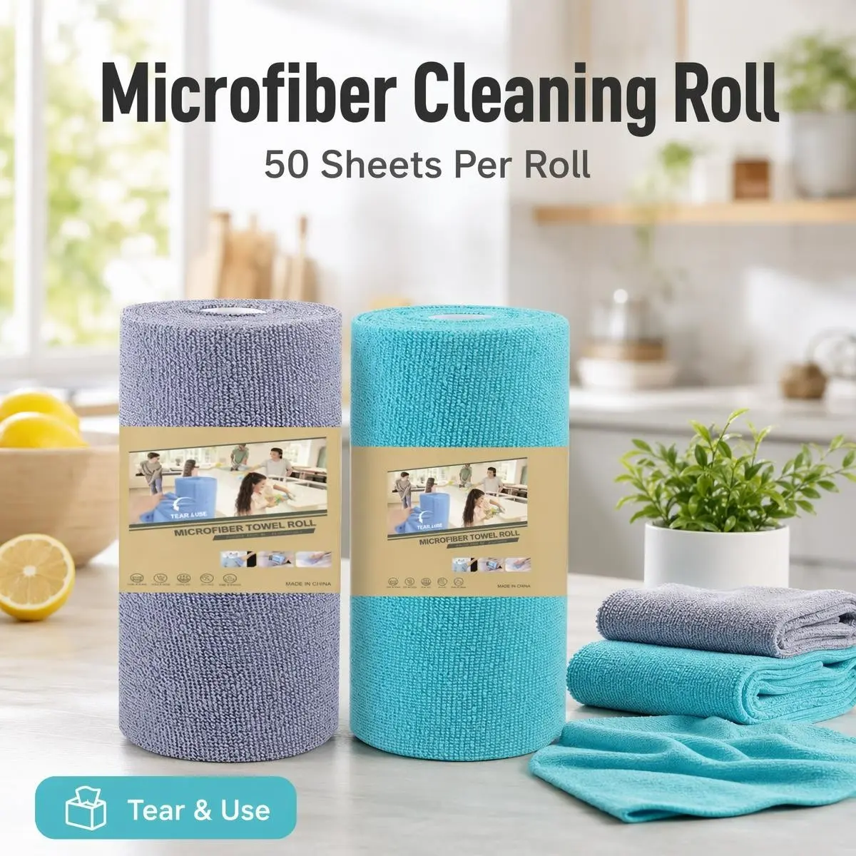50sheets/roll Premium Polyester Cleaning Towel Roll, Hand Torn Kitchen Cleaning Cloth, Suitable for Both Dry and Wet Use, 25x25cm Absorbent Disposable Cleaning Cloth for Kitchen Home Restaurant