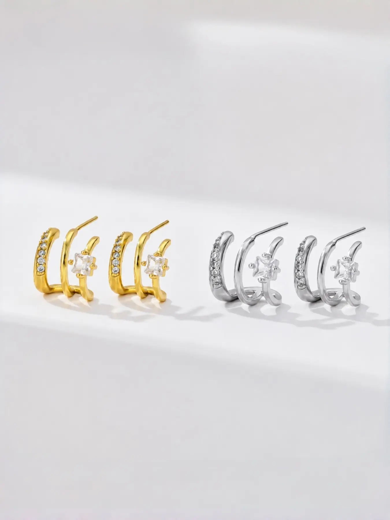 Cubic Zirconia Triple Hoop Earrings for Women, Single Piercing Stacked Huggie Earrings, Gold & Silver Tone Statement Jewelry