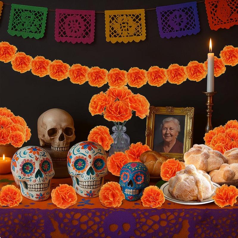100 count Marigold Flower Heads with Stems  Artificial Cempasuchil  for Dia de Los Muertos Altar, Day of The  Decorations, Halloween, Mexican Party, DIY Garland & Wreath DecorOrange