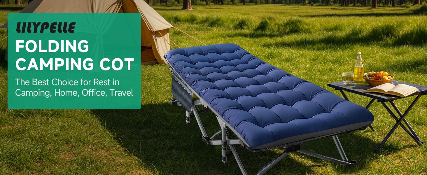 AGS LILYPELLE Folding Camping Cot, Extra Wide Heavy Duty Sleeping Cots with Carry Bag, Double Layer Oxford Portable Travel Camp Cots for Home, Office Nap and Outdoor Beach