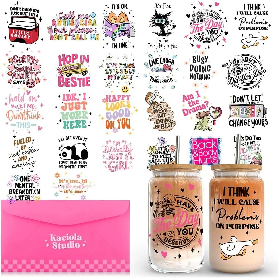 26 Sheets Funny Quotes Sarcastic Theme UV DTF Decal Sheets - 16 oz Waterproof Wrap for Glass Mugs, UV Transfer Rub-On Stickers for DIY Scrapbooking, Notebook, Laptop Crafts