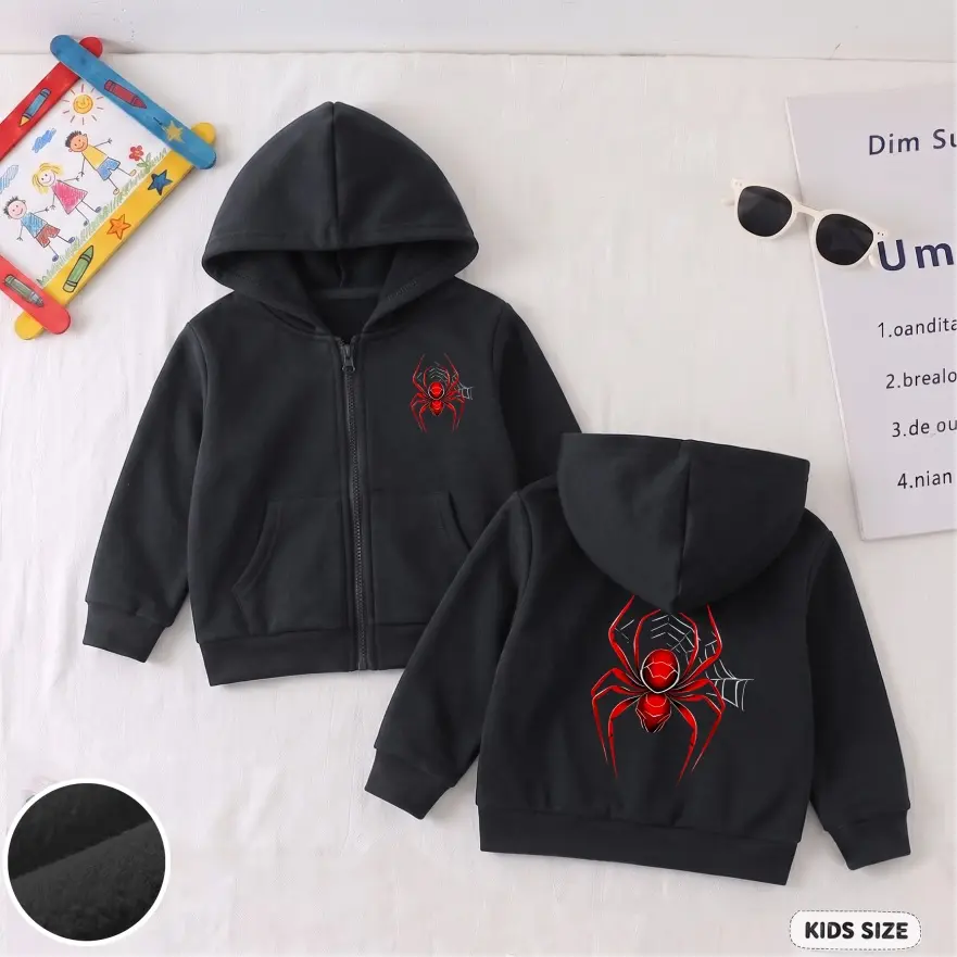 Kids’ Cartoon Spider Graphic Zip-Up Hoodie, Casual Long Sleeve Hooded Jacket with Front Pockets and Back Print, Everyday Outerwear for School, Travel, Outdoor Play and Weekend Wear