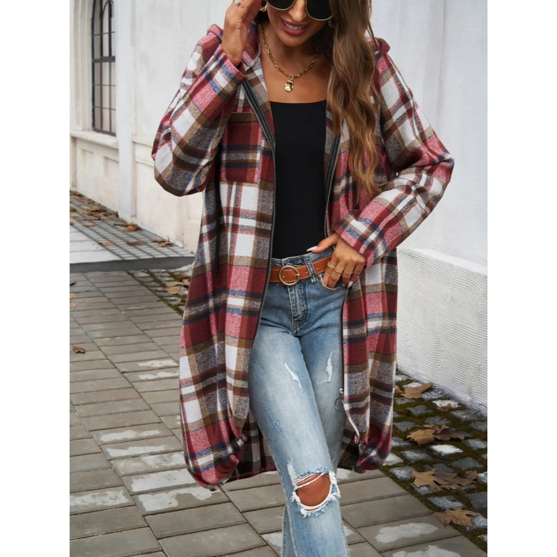 Women Oversized Long Plaid Hooded Jacket, Full Zip Up Longline Plaid Coat with Drawstring Hem, Vintage Fall Winter Casual Outerwear