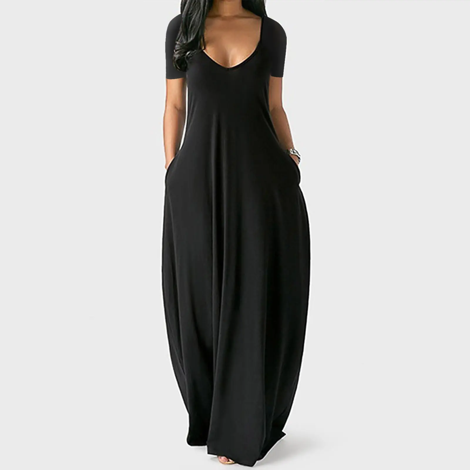 Women's Long Coffee Color Dress, Casual Fitted Style, Large Round Neck Short Sleeve Pocket Sleepwear, Soft Fabric All Seasons Wear