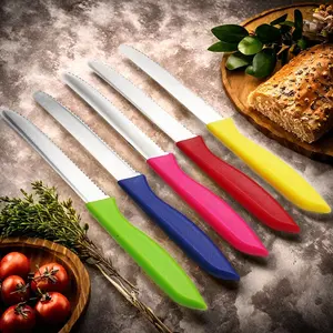 5-Piece Steak Knife Set with Plastic Handle, Stainless Steel Serrated Knives, Sharp Blades for Bread and Fruit, Home Use, Child Food, Breakfast