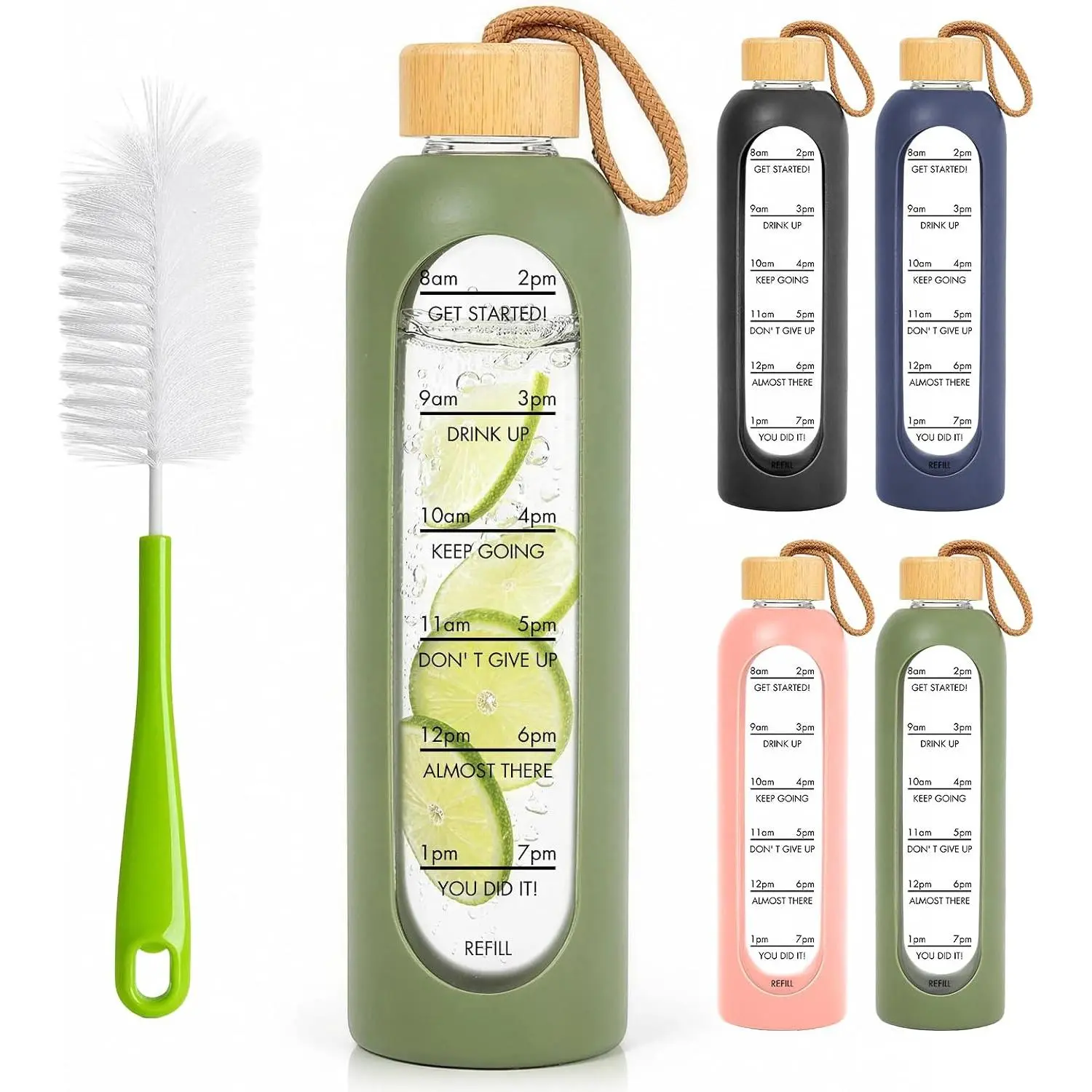32 OZ Glass Water Bottles, Borosilicate Glass Bottle with Time Marker, 1 Liter Leak Proof Reusable BPA Free Motivational Water Bottles with Silicone Sleeve and Bamboo Lid (Green)