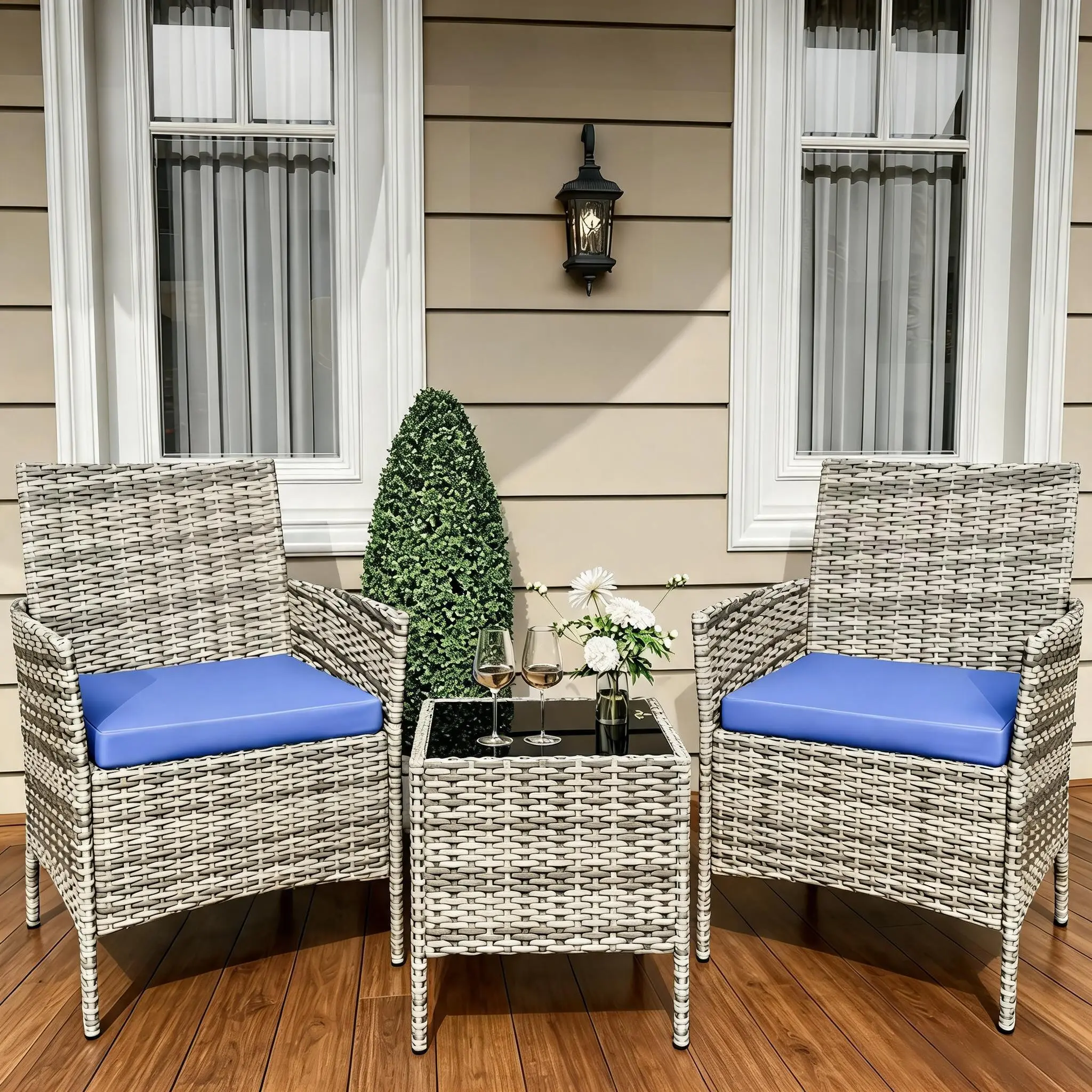3Pcs Outdoor Patio Conversation Bistro Set with 2 PE Rattan Armchairs, Weather-Resistant Cushions & Tempered Glass Table - Patio Decor, Rust-Free Synthetic Rope Outdoor Furniture Set for Garden, Front Porch (Gray/Blue)