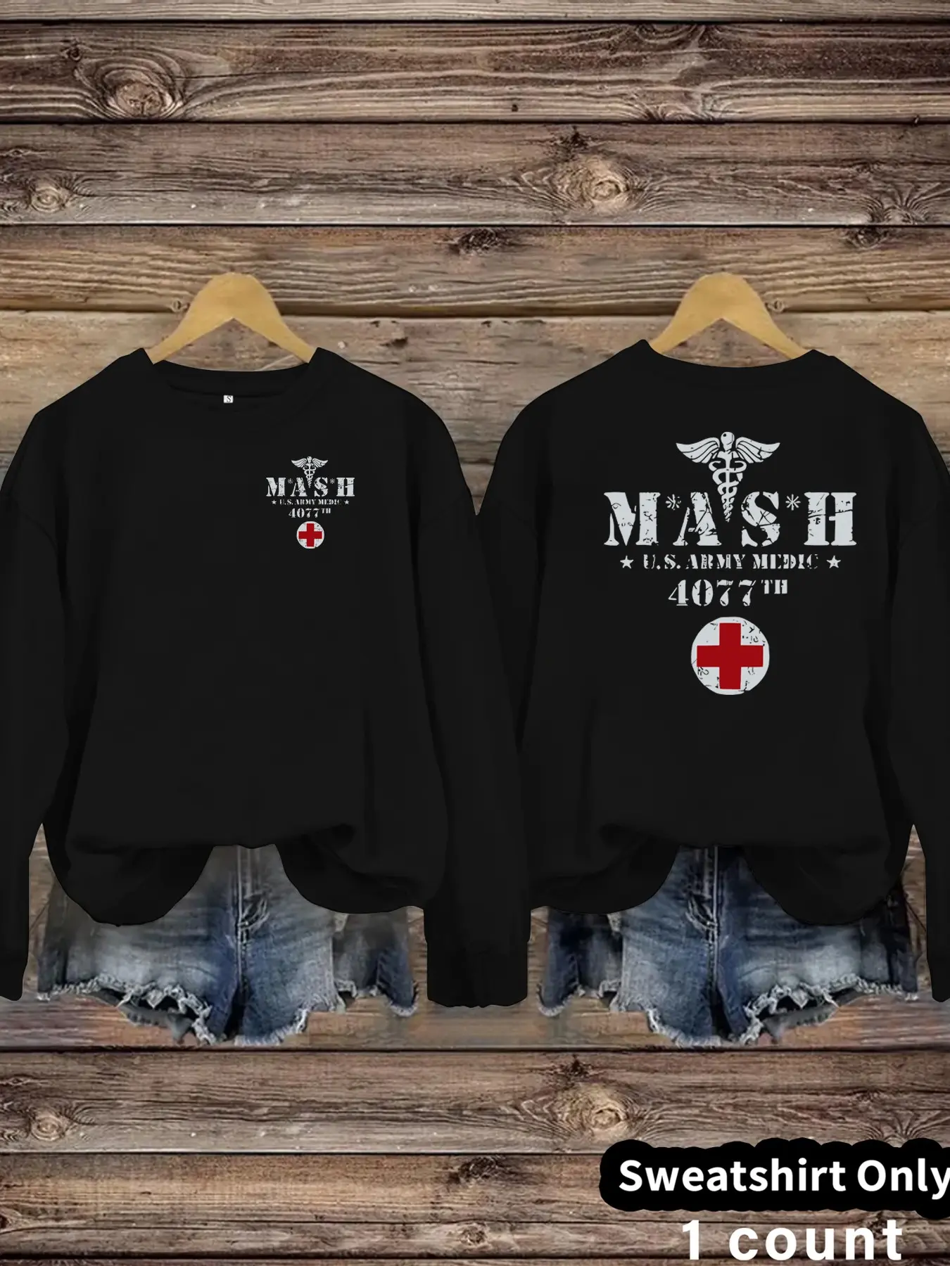 Women's Mash Army Mobile Hospital Retro Print Casual Long Sleeve Sweatshirt, Soft, Fall Winter Essential
