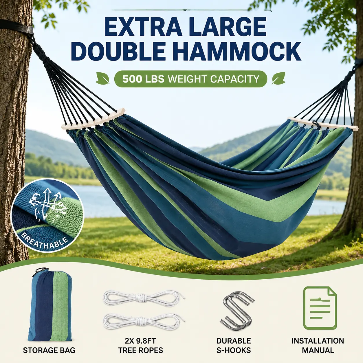 Canvas & Wood Hammock, Blue-Green Striped, 129.9x59.1 Inches, Extra Large Double Hammock, 500 LBS Weight Capacity, Portable with Storage Bag & 2x9.8ft Tree Ropes, Includes Installation Manual, for Out