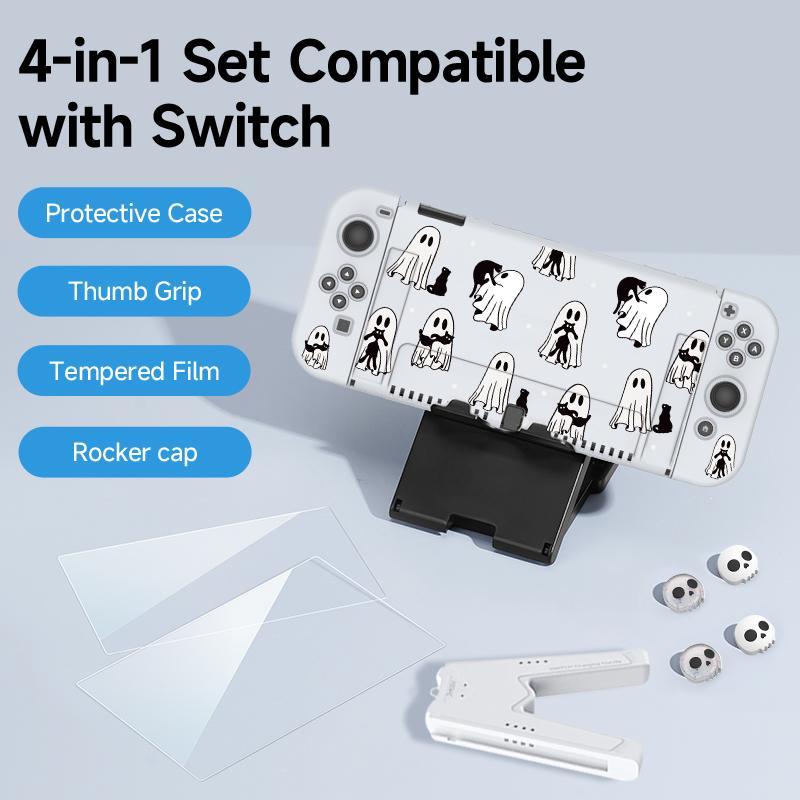 Ghost Pattern Game Console Accessories Set, Game Console Protective Cover with Tempered Film & V-shaped Grip & Rocker Cap, Console Accessories for Switch OLED/NS