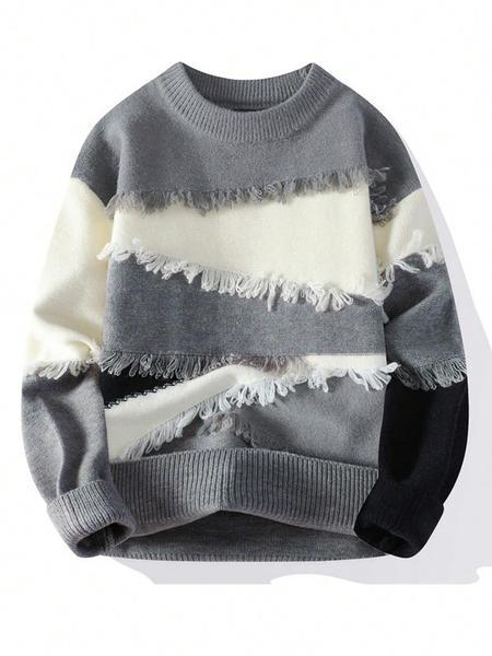 Men's Patchwork Color Block Pullover Sweater, Stylish Casual Crew neck Drop Shoulder Long Sleeve Knitted Top,Unisex Ripped Design Fashion Fall Winter Inside Top Soft Warm Sweatshirt Daily Life, Trendy Men's Outdoor Going Out Warm Jacket Knitwear