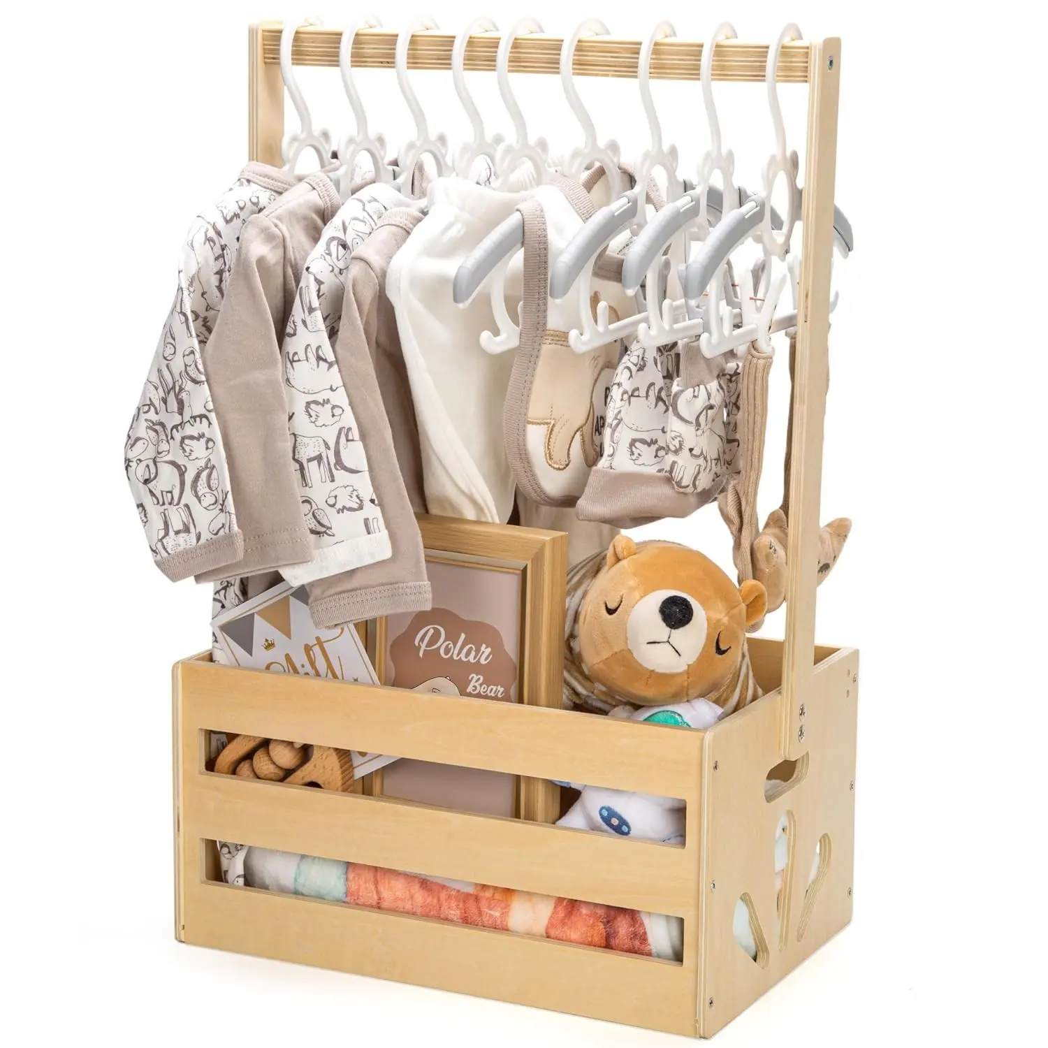 Wooden Baby Storage Crate Hamper with Handle, Baby Shower Gift Basket for Newborn Boys Girls, Welcome Gift Basket, Pregnancy Gifts for New Parents(Gift)