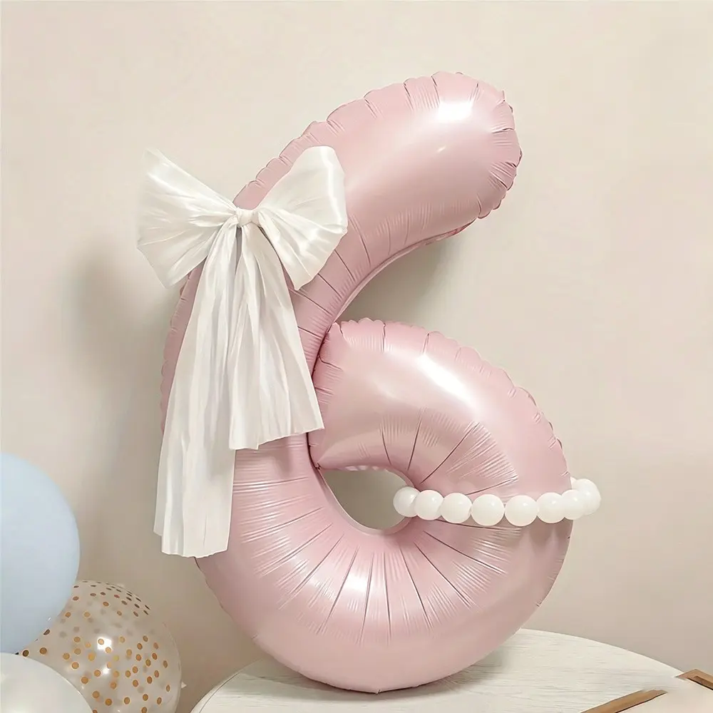 40-Inch Matte Cream Large Number Aluminum Foil Balloons 0-9, Giant Bow Pearl Design, Girl Birthday Party, Graduation, Photo Props, Home Decor