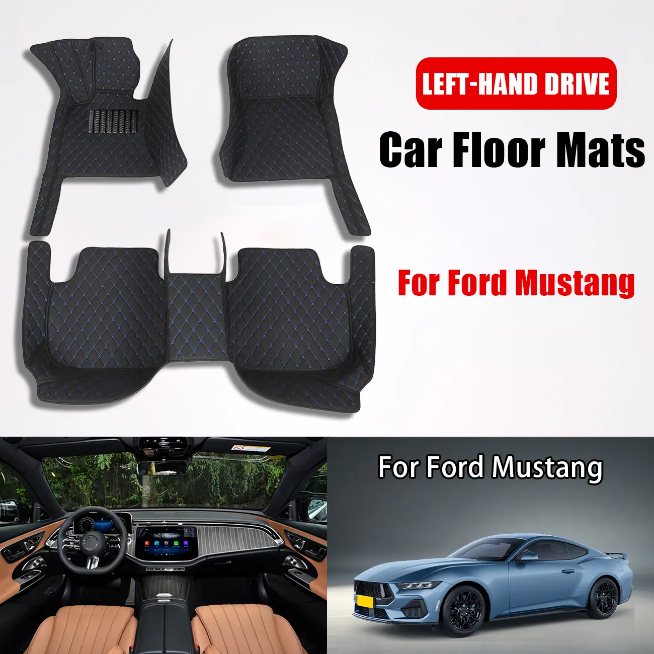 For Ford Mustang-2011-2014 Left wheel drive car floor mat, the seatbelt holes are located within the plastic casing,made of PU leather material and equipped with 360 degree high edge protection, with a non jamming throttle design Automotive Floor Mats