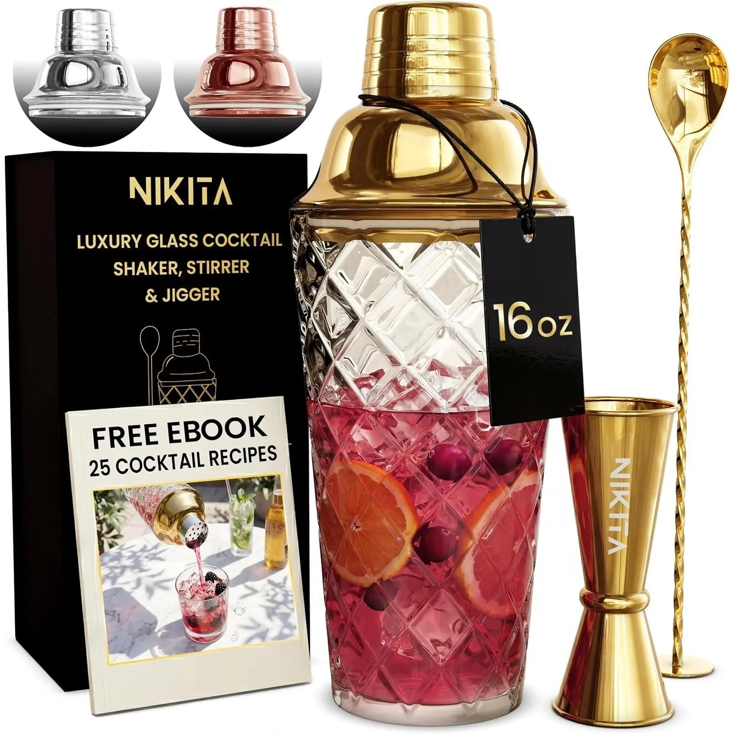Cocktail Shaker, 5-Piece Martini Shaker & Bartender Kit with Bar Accessories Strainer, Jigger, Spoon & Muddler, Gold 16oz Drink Mixer with Bartender AccessoriesGift