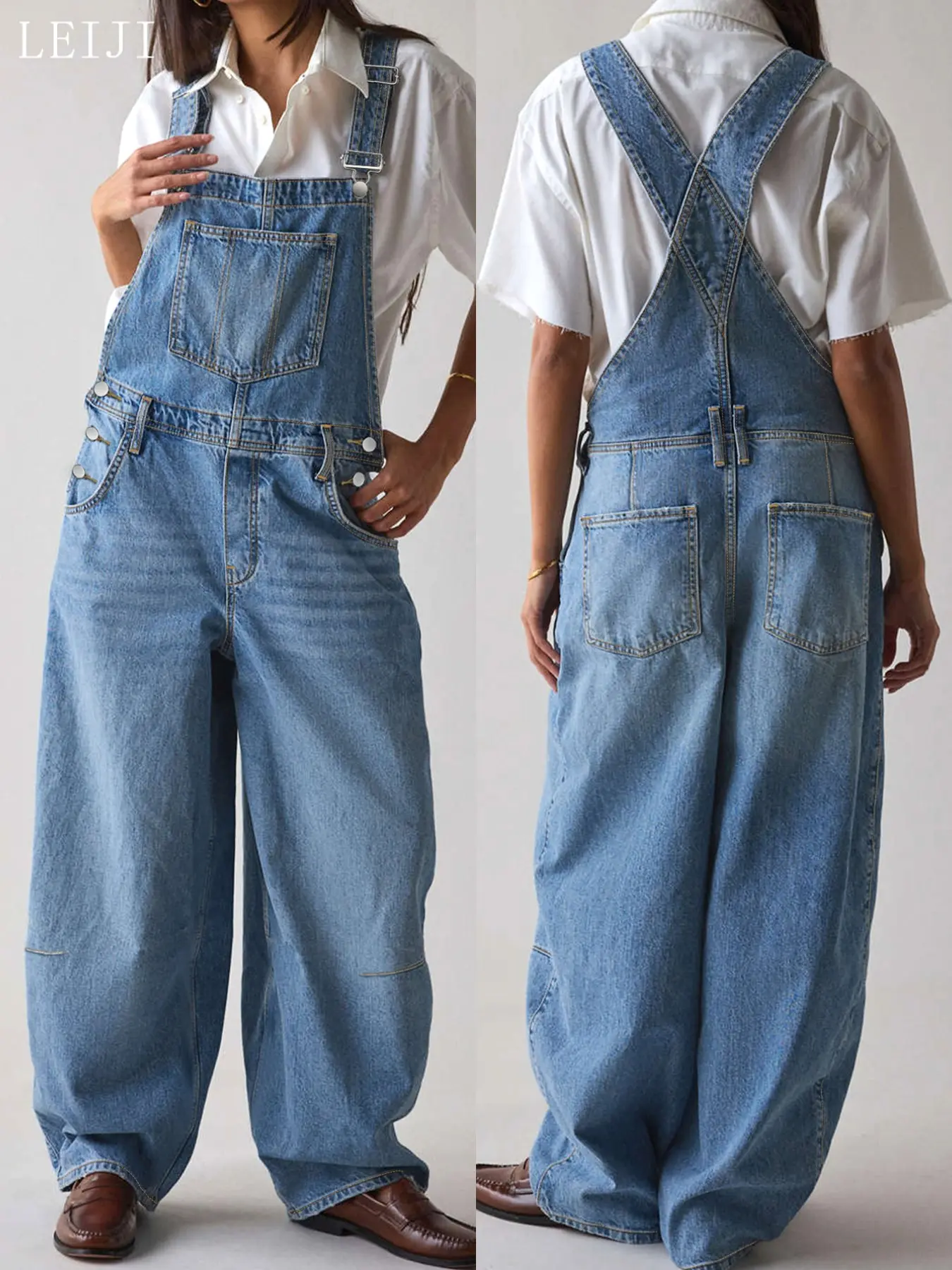 Light Blue Washed Loose Wide Leg Jeans Overall for Women, Adjustable Straps, Vintage Straight Fit, Long Boho Style