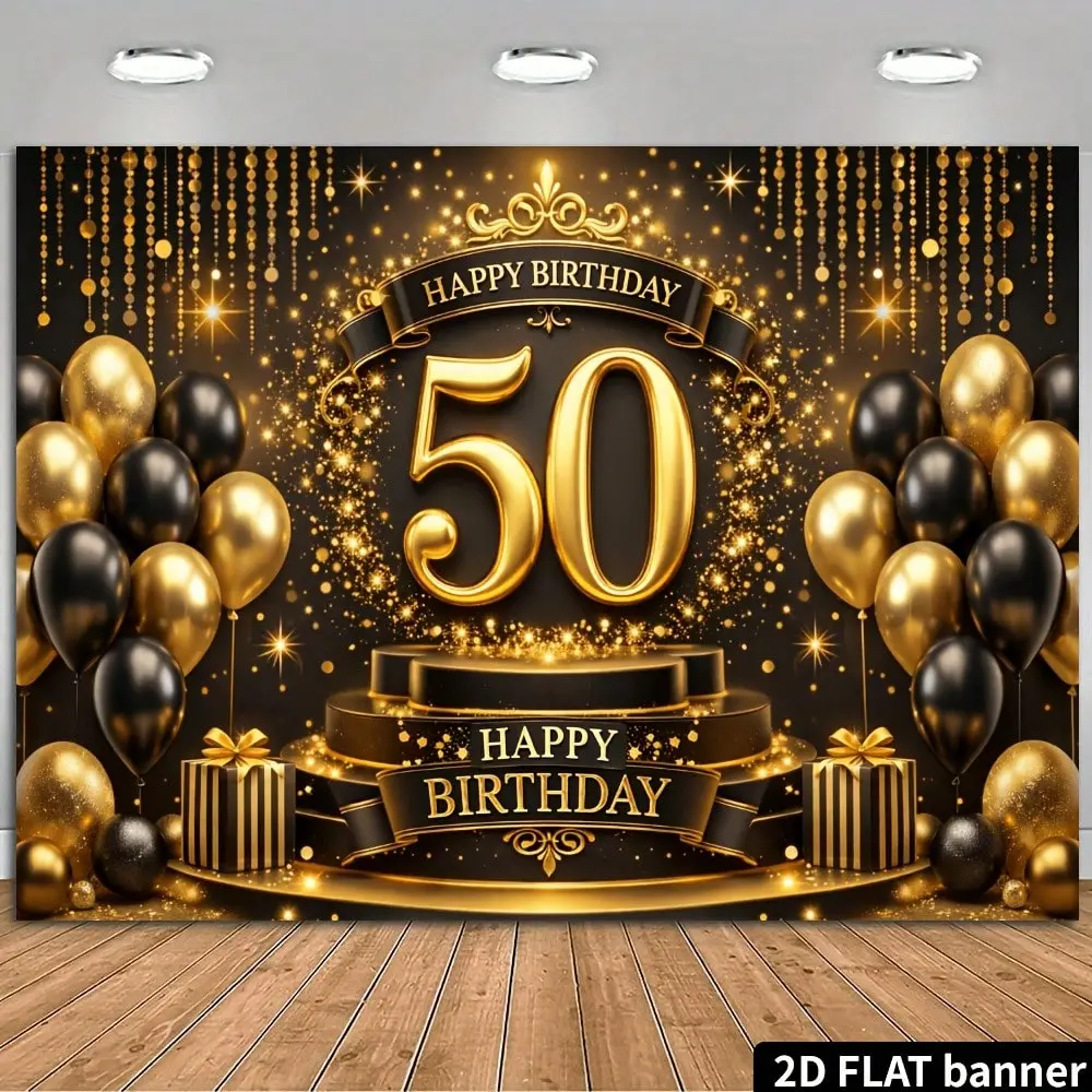 Black Gold 50th Birthday Premium Polyester Tapestry - Lightweight Synthetic Baby Shower Pouch, Gold Decorative Prints, Luxury Party Banner Backdrop for Anniversary Indoor-Outdoor Home Decor Wall Hanging Gift Artwork