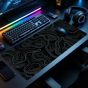 Black Base Cyan Topographic Contour Line Art Large Gaming Mouse Pad, Extended XXL Desk Mat with Stitched Edge & Non-Slip Rubber Base, Ideal for Gamers, Minimal Geometric & Outdoor Map Fans, Perfect for Gaming Rooms, Home Offices & Bedroom Desks