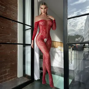 Open Crotch Jacquard Easy Wear Full Bodysuit Night Lingerie