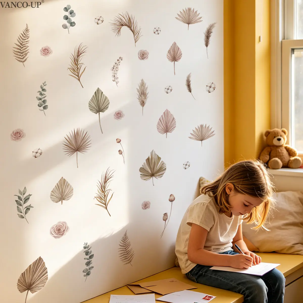 2Pcs Set (30*60cm) Boho Style Natural Plant Decorative Wall Stickers, Pampas Grass, Cotton, Roses & Eucalyptus Leaves Decals for Bedroom, Apartment and Home Wall Decor
