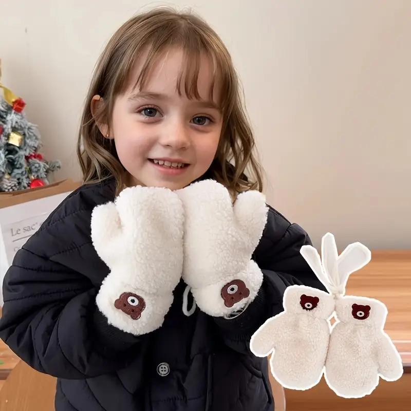Kids Plush Winter Gloves with Neck Hanging Loop - Thick Warm Thermal Mittens for Boys & Girls 2-5 Years, Soft Brown/Beige/Gray/Black, Cozy Everyday & Play, Easy On/Off Design, Ideal for Christmas & New Year's Gifts, Adorable Plush Material for Boys & Girl