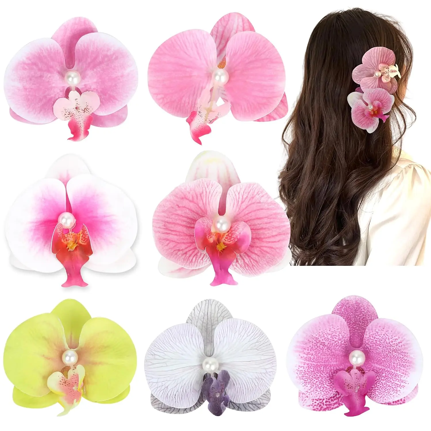 Hawaiian Flower Hair Clips 4 Inch Butterfly orchid Artificial Tropical Flower Hair Pins 7 count Large Hair  Luau Outfits For Women plumeria Hair Barrettes for Beach Party favors .