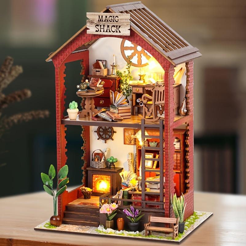 DIY Wooden Book Nook Kit, DIY Miniature House Kit with Light, 3D Desktop Decoration Ornament, DIY Model Kit for Bookshelf Decoration, House Building Kit, Miniature Set