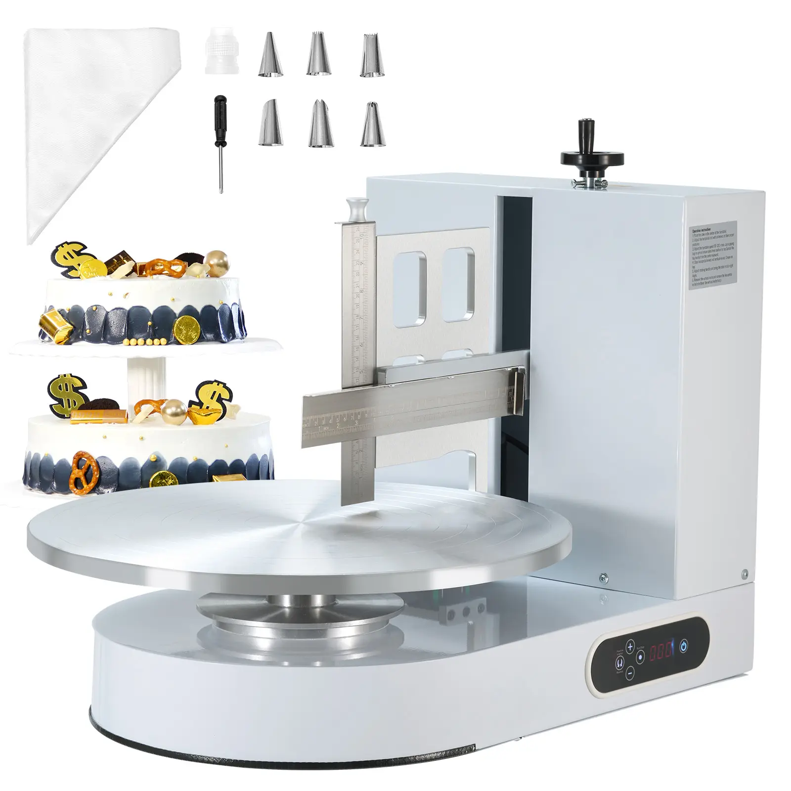 Cake Decorating Machine, Cake Cream Spreading Coating Smearing Machine, Low Noise Cake Frosting Machine, Turntable with Adjustable Scraper, for 4" to 16" Cake, 25-320RPM Rotating Speed, White