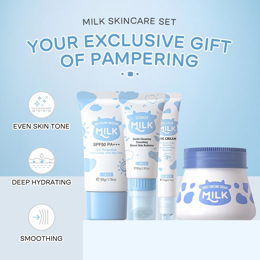 Moisturizing Hydrating Milk Skincare Kit, 1 Set Including 80g Gentle Cleansing Cleanser, 20g Eye Cream, 55g Hydrating Moisturizing Cream, 50g UV Sunscreen, 1 Sponge, 1 Duck Decor Hair Clip, 1 Bag Moisturizer Hydrate