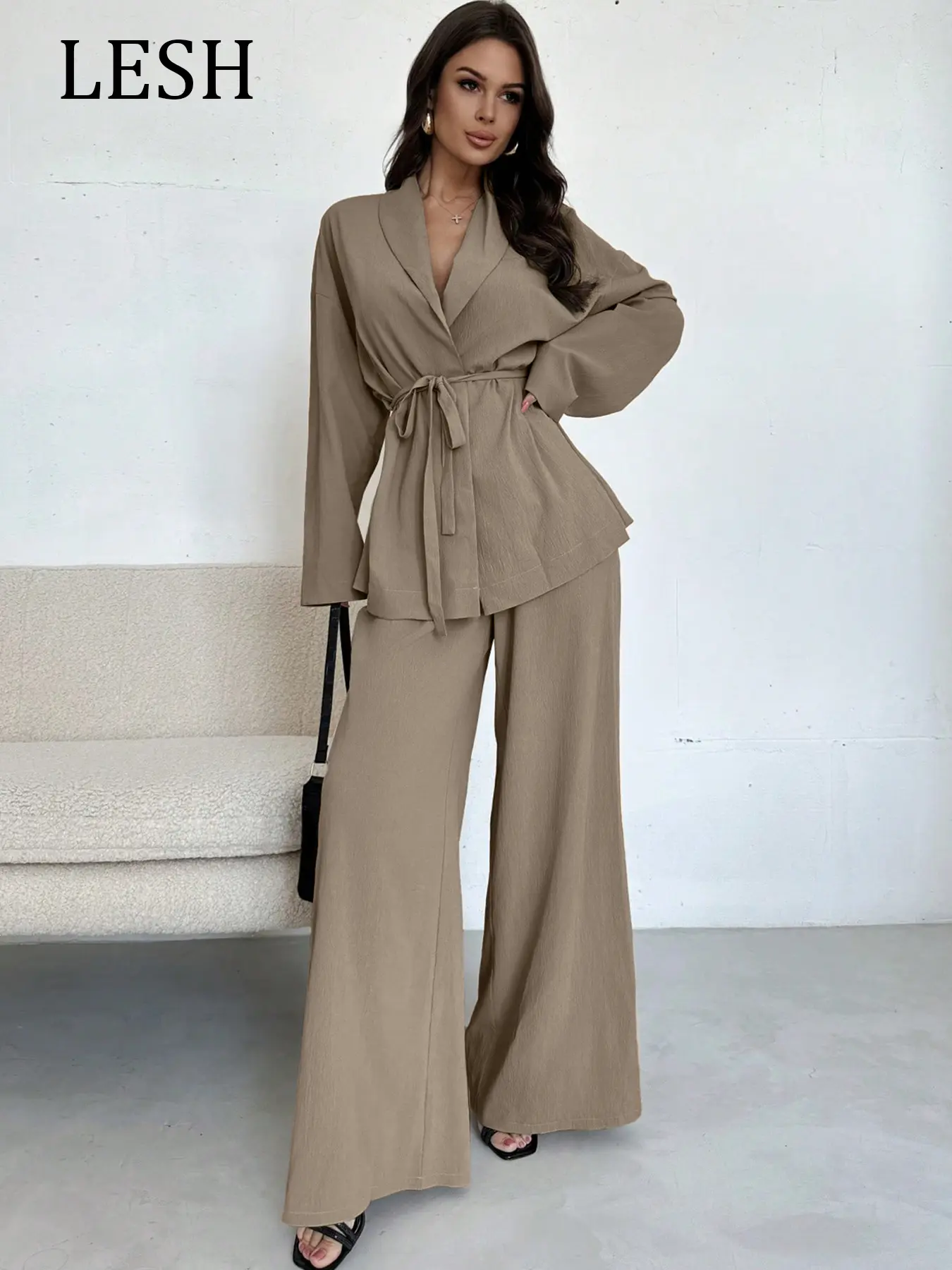 Elegant Casual Two-Piece Set, Casual Outfit Set, Office Clothes, Long Sleeve Shirt & High-Waist Pants, Spring Fall Fashion, Fitted Plain Style, Chic and Comfortable, Suits