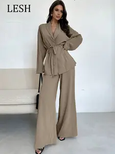 Elegant Casual Two-Piece Set, Long Sleeve Shirt & High-Waist Pants, Spring Fall Fashion, Fitted Plain Style, Chic and Comfortable, Suits