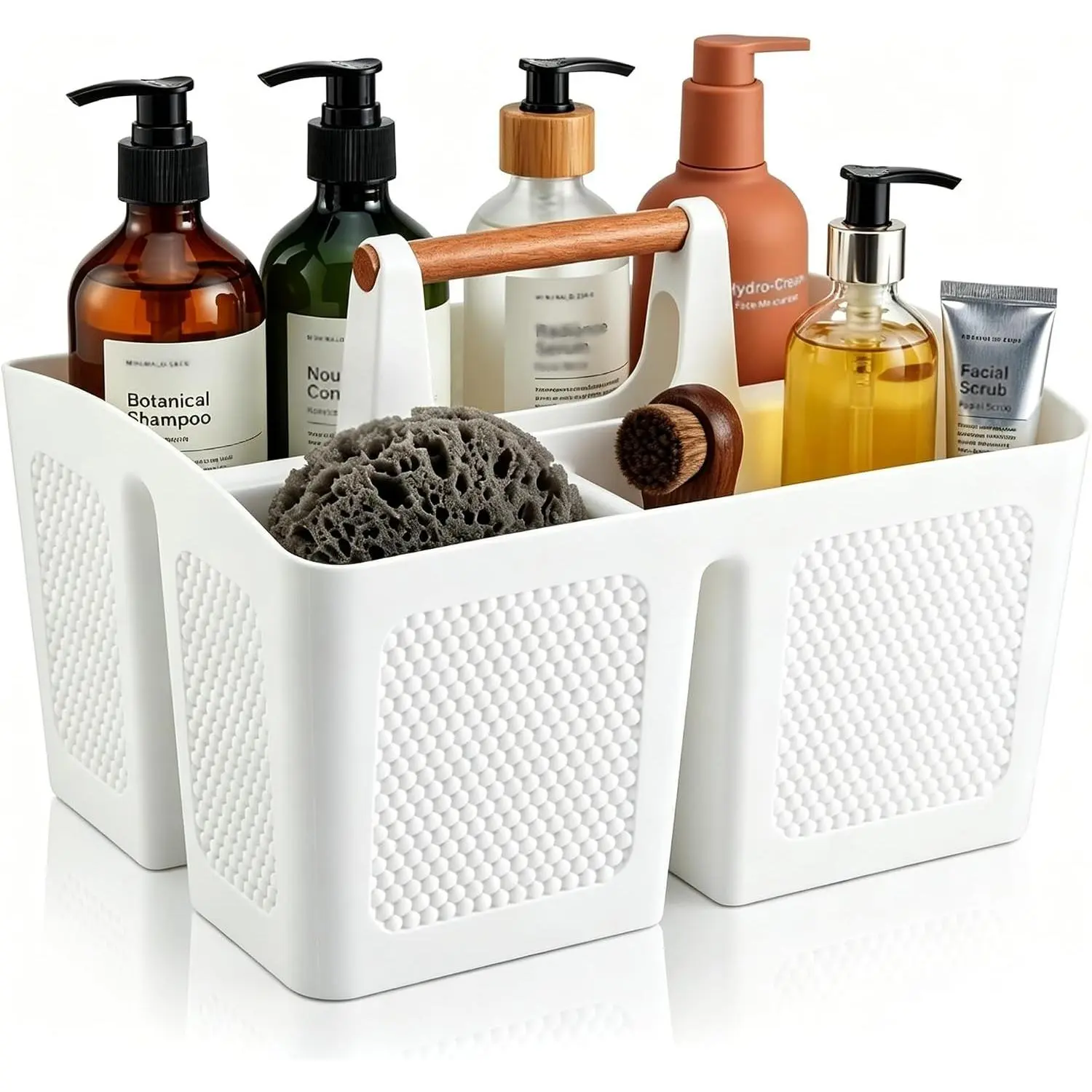 Plastic White Shower Caddy Basket with 3 Compartments, Portable Divided Bathroom Cleaning Caddy Organizer Storage Tote with Handle for Dorm, College, Room Essentials