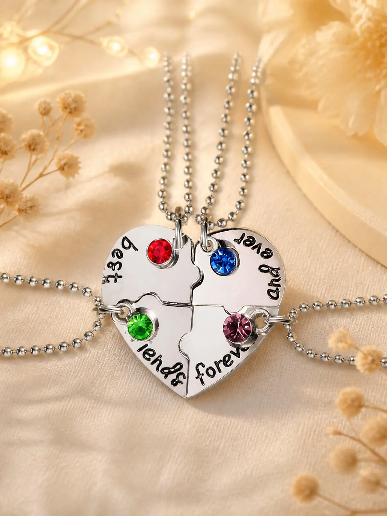 Best Friends Forever Matching Necklaces Set for 4, Heart Puzzle Pendant Necklaces with Colorful Crystals, Friendship Jewelry Gift for Besties