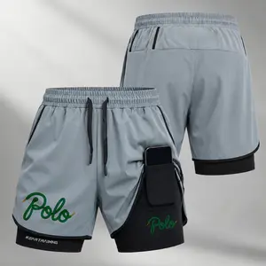 Men’s Script Letter Print 2-in-1 Utility Shorts, Lightweight Quick-Dry Athletic Shorts with Built-in Liner, Secure Phone Pocket, Adjustable Waist, Casual Gym Running Shorts for Daily Wear