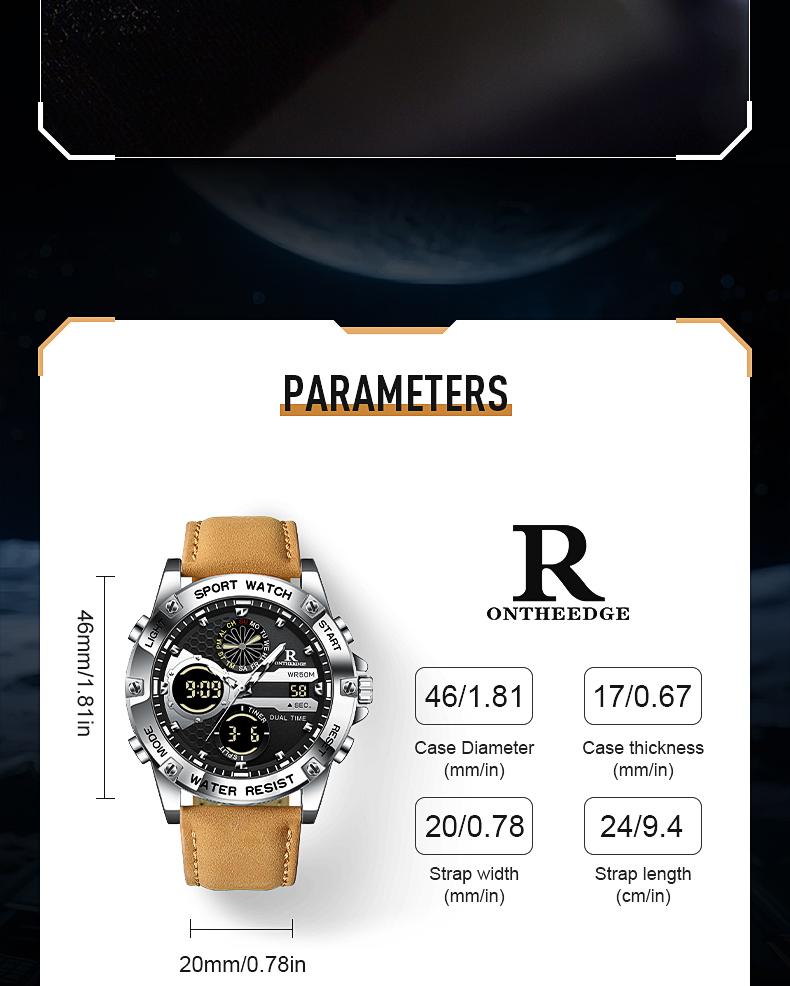 Men's Military Sport Digital Analog Quartz Watch - 50M Waterproof Wristwatch with LED Backlight, Dual Time, Alarm, Stopwatch, Tactical Outdoor Watch for Men, Brown Leather Strap, Perfect Gift for Him